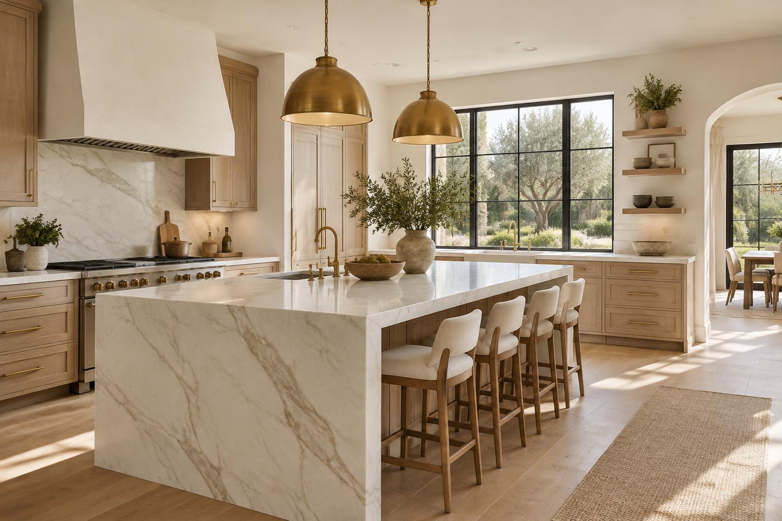 Kitchen design inspiration with a marble island and natural oak cabinetry